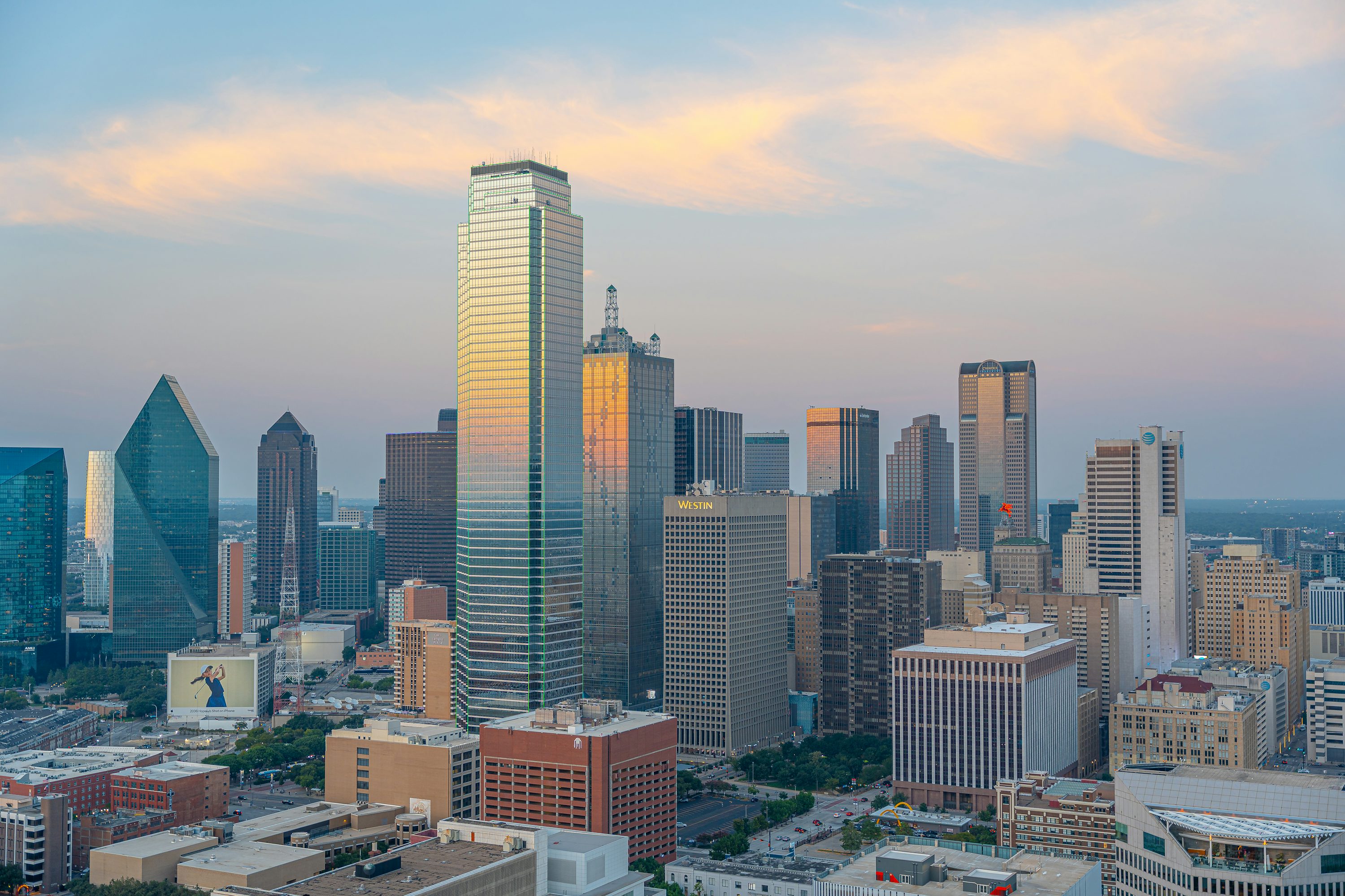 Downtown Dallas skyline at sunset